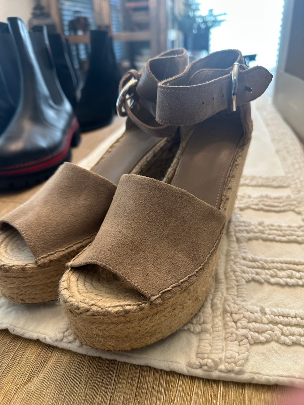 Marc Fisher Taupe Suede Espadrille Wedge Sandals